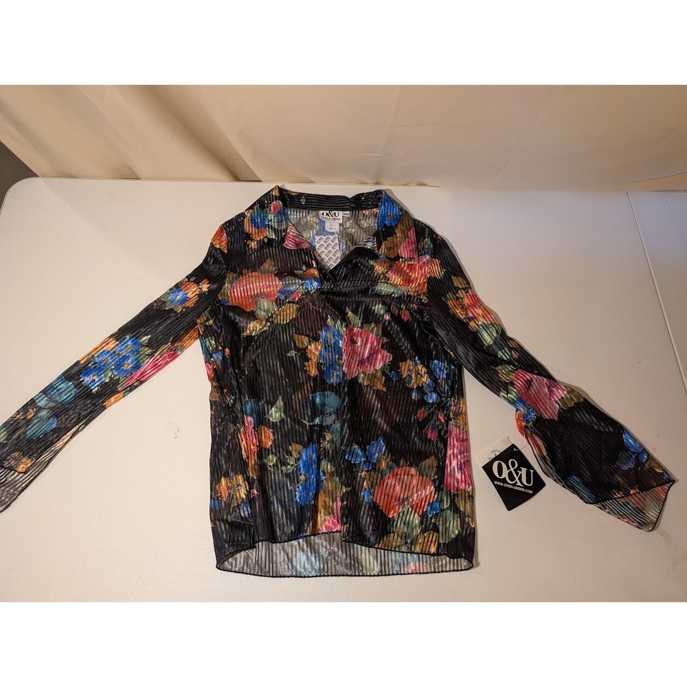 Over & Under Sheer Floral Pleated Blouse 16W Long Sleeve Made in USA NOS - Picture 1 of 3